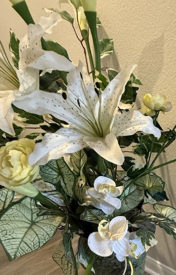 Silk Floral White Callas Lillies Yellow Roses And White Orchids Set In Textured