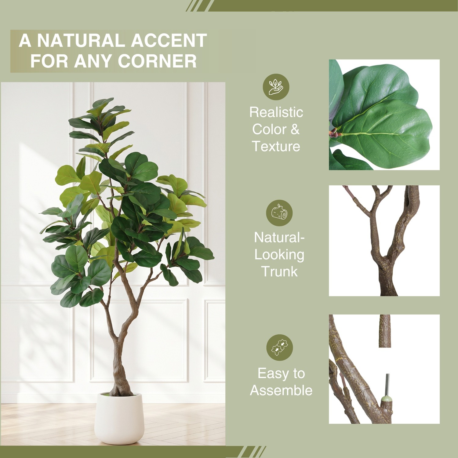 6FT Artificial Fiddle Leaf Fig Tree with Decorative White Pot for Home Office