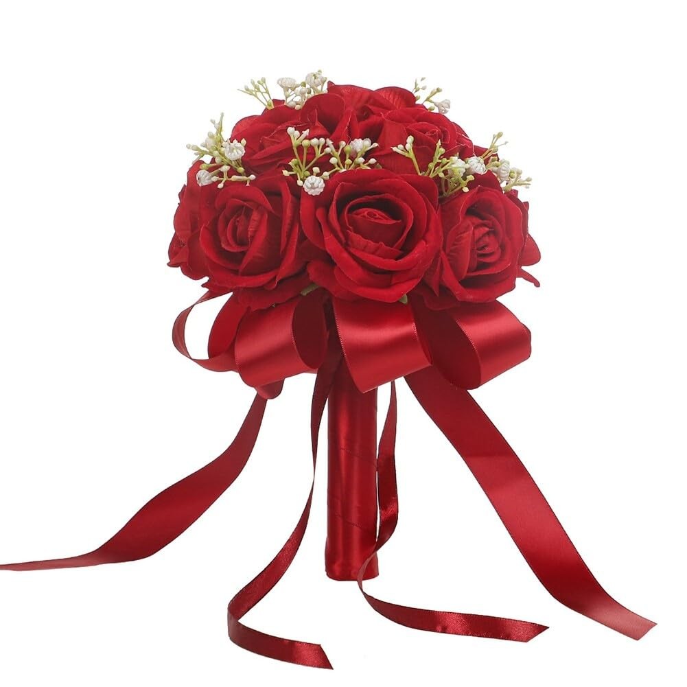 Red Rose Bouquet Bride Artificial Silk HandHeld Wedding Party Decor