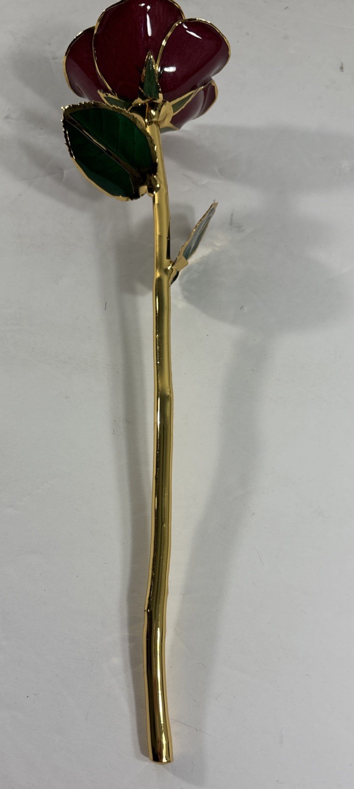 Gold Trimmed Valentine Red Rose 24K Style Long Stem Enamel Flower Gift 11”