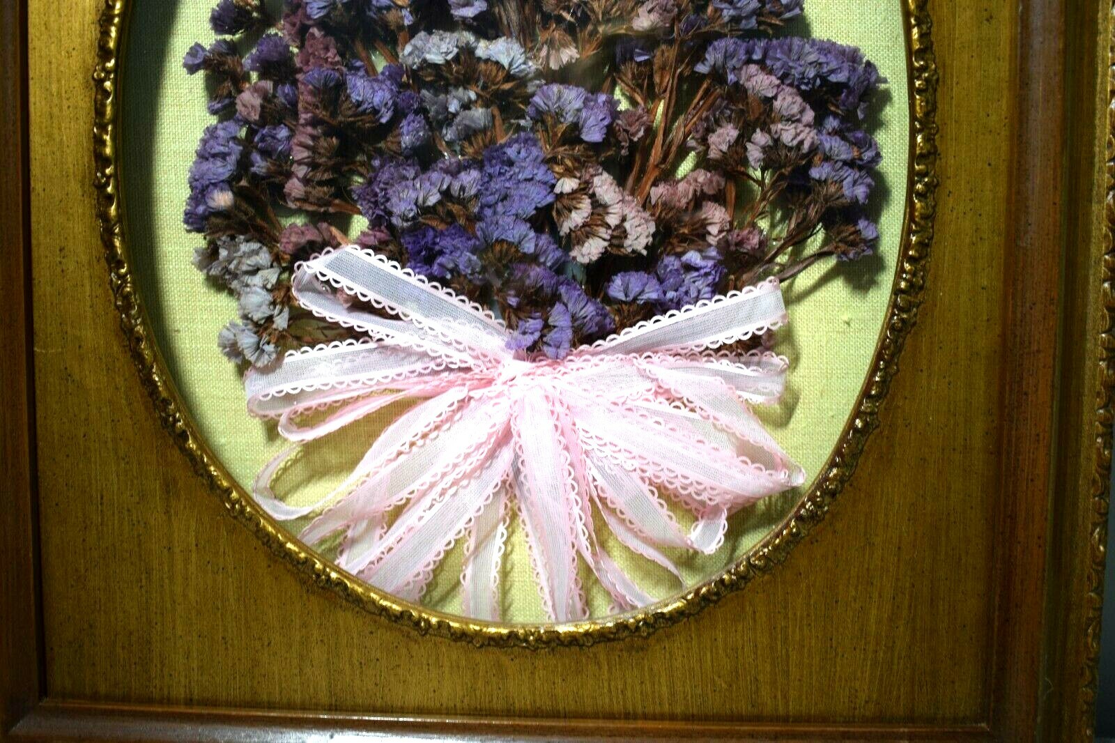 Dried Purple Statice Floral Wall Art Oval Gold Frame 19×16 Cottage Farmhouse VTG