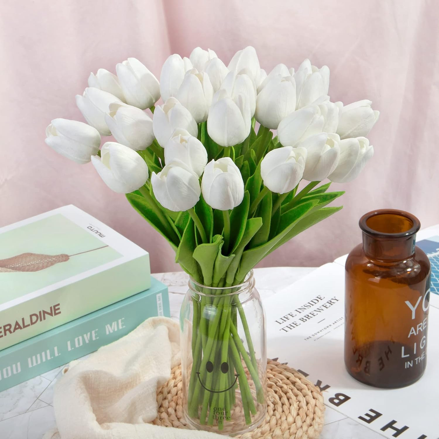 Fake Tulips Artificial Flowers 30pcs Real Touch PU White Stems Faux Wedding