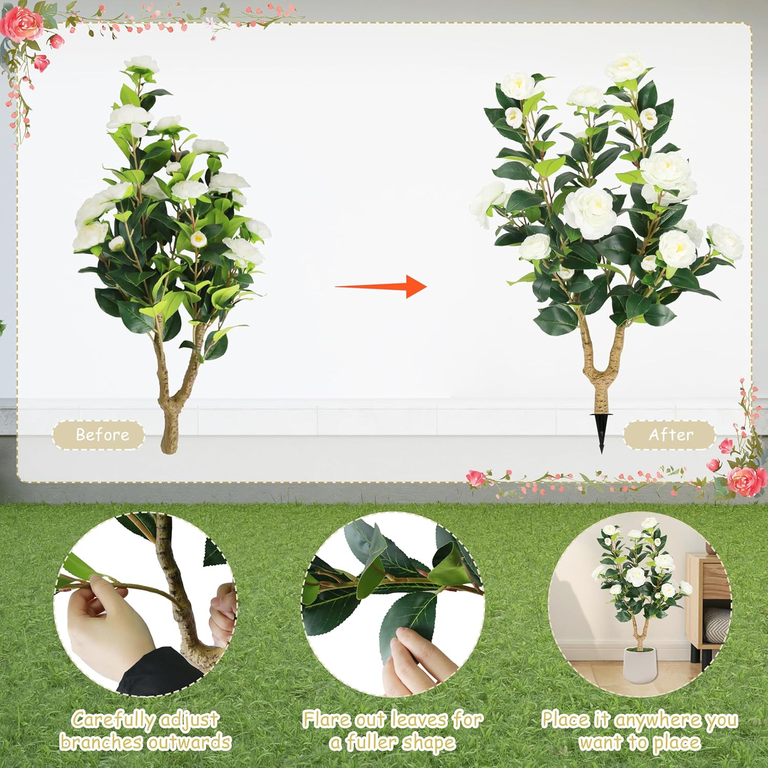 2 Packs 35.5″ Artificial Camellia Tree, Faux White Camellia Flowers Plant with S