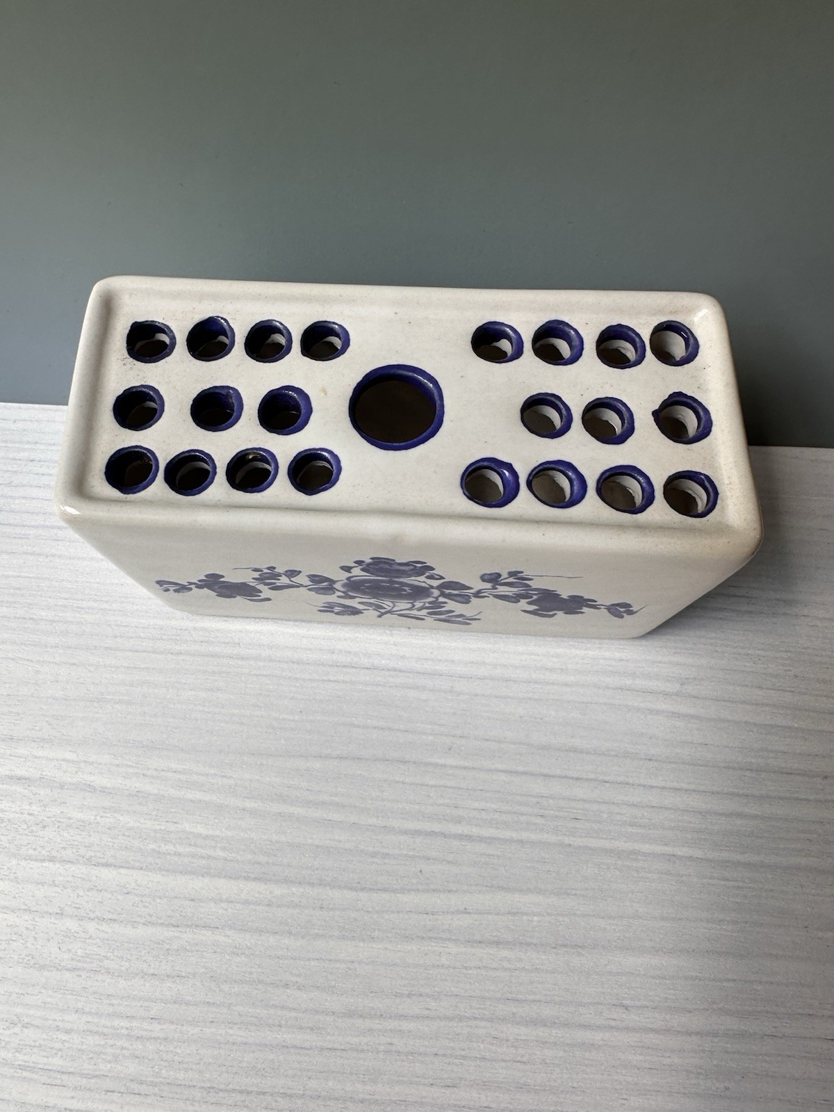 Hand Painted Ceramic Blue and White Flower Frog Vase, 1992 Made in Portugal