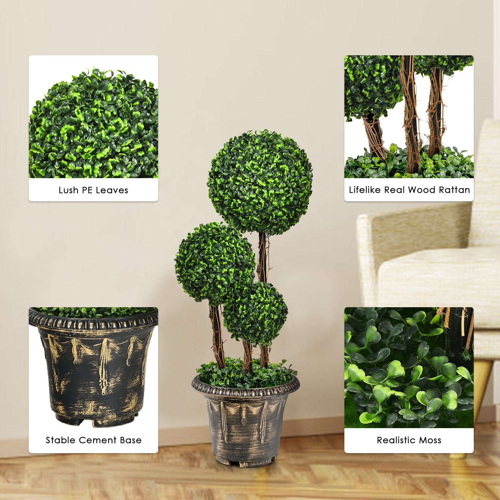 Costway 30” Artificial Topiary Triple Ball Tree Indoor Outdoor Greenery Plant