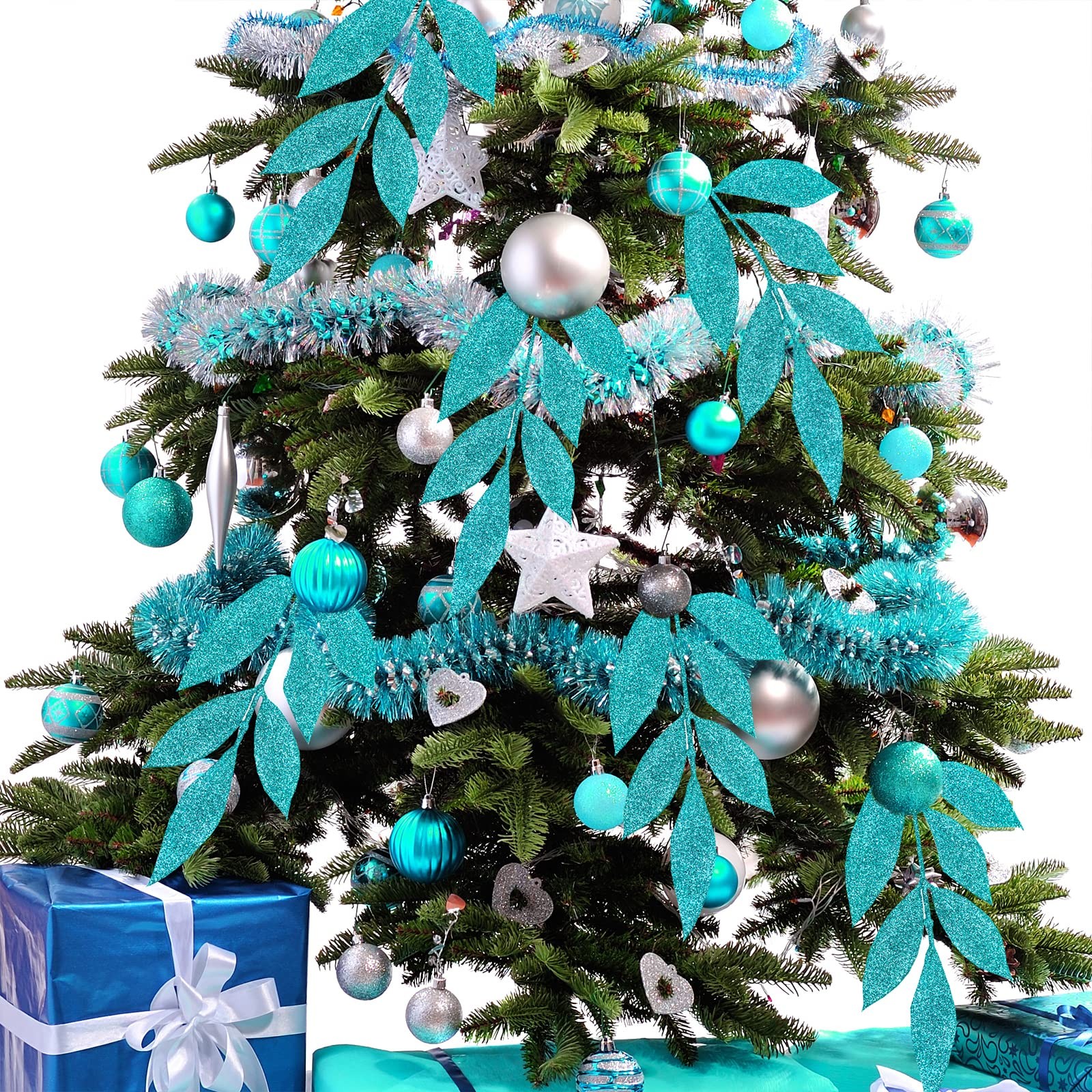 40 Pcs Teal Glitter Bay Leaf Sprays Artificial Christmas Tree Picks Sprays 12…