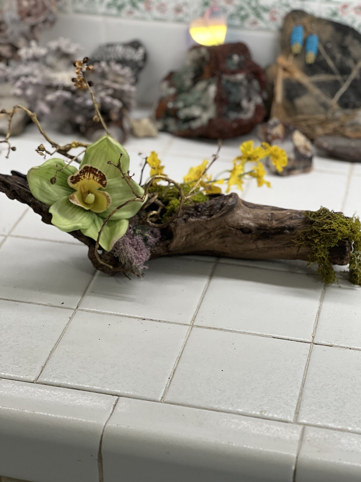 ONE OF A KIND FLORAL ARRANGEMENT REAL WOOD BASE ORCHIDS BITTERSWEET MOSSES