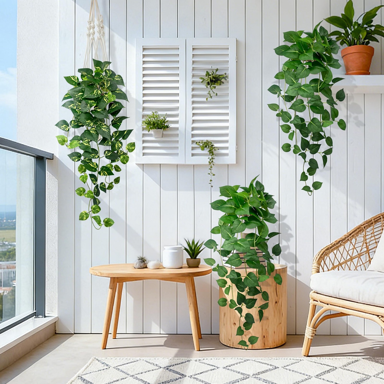 Artificial Hanging Plants with White Pots (2, Green and Yellow Green, 31.5”)