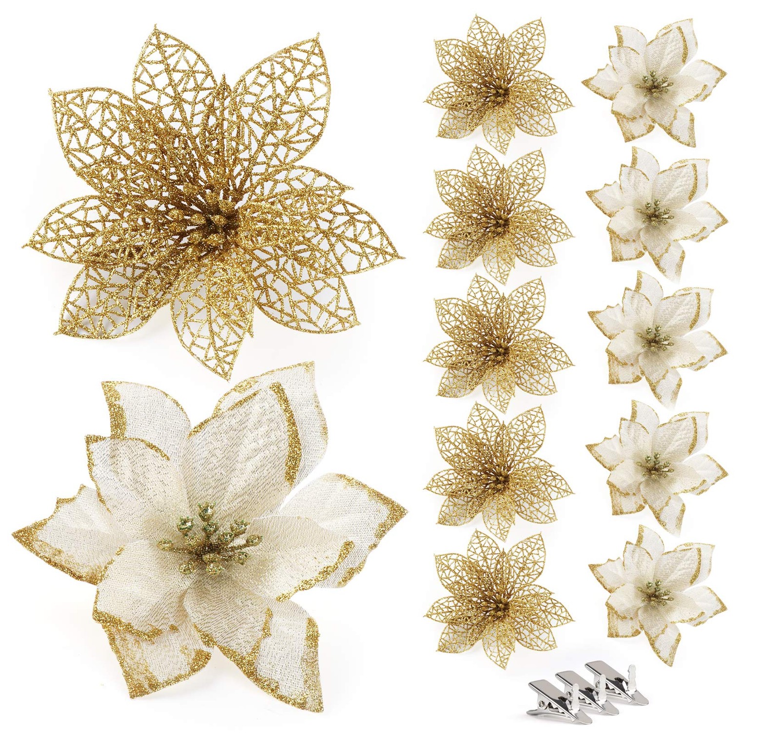 24 PCS Gold Poinsettias 6 Inch Glitter Artificial Christmas Flowers 30 Clips