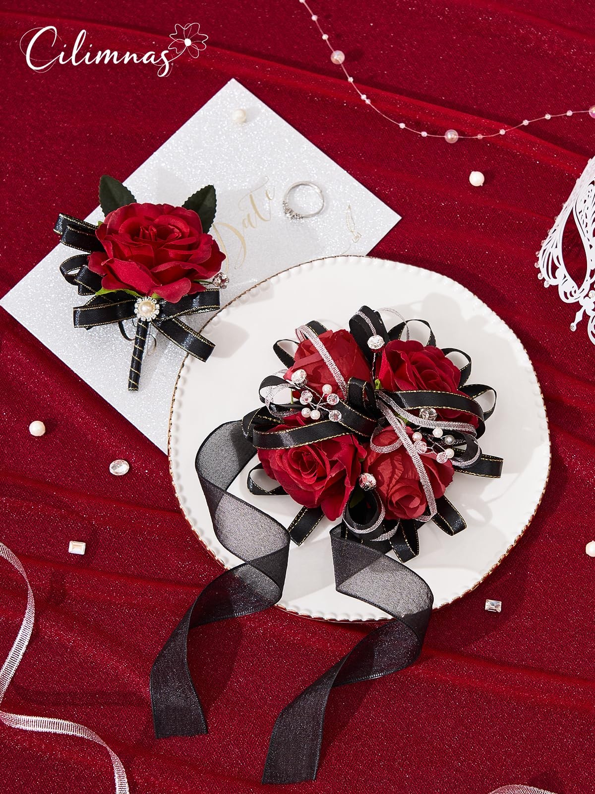 Prom Corsage and Boutonniere Set Red Black,Artificial Silk Rose Wrist Corsage…