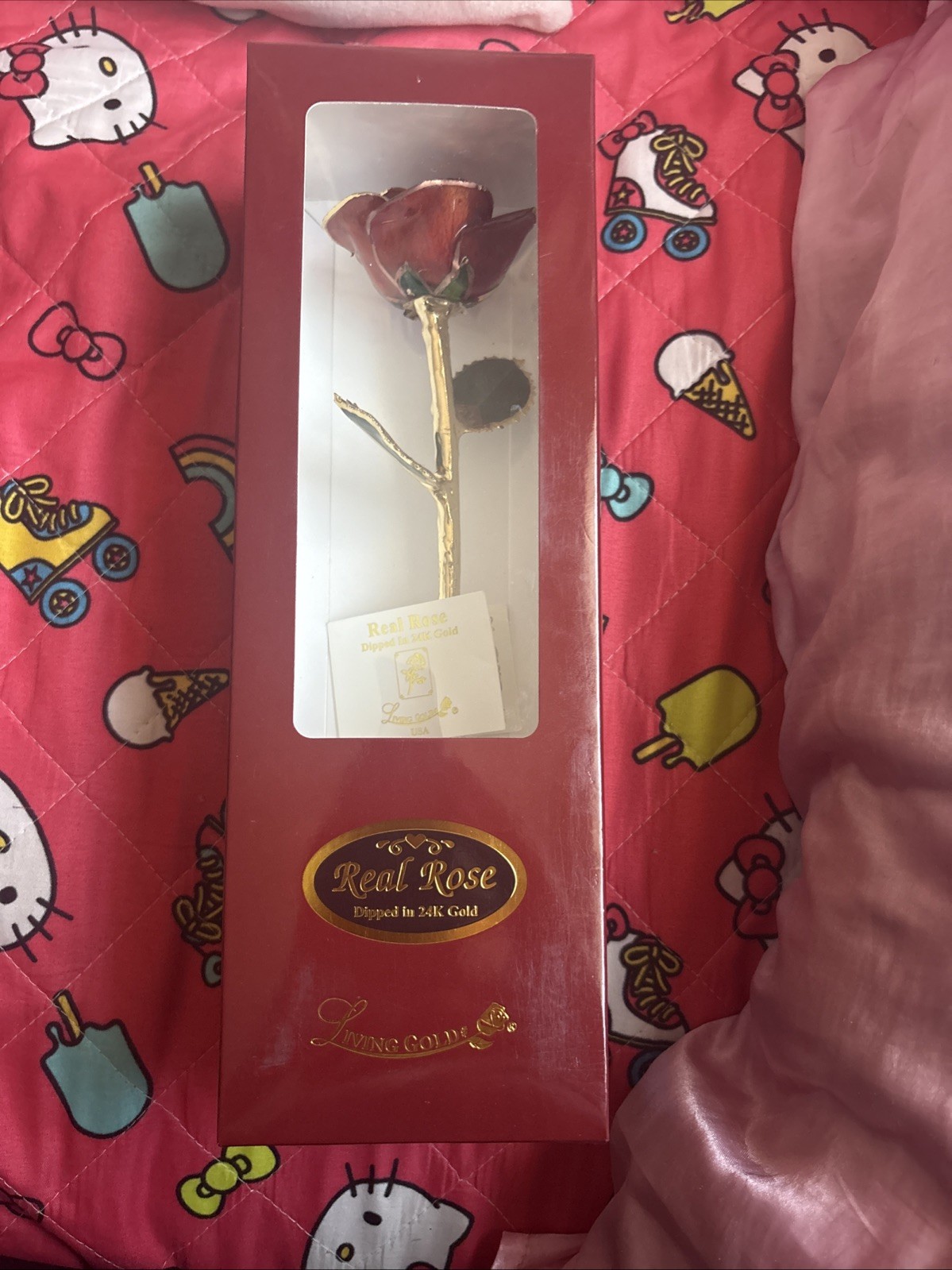 LIVING GOLD REAL ROSE DIPPED IN 24K GOLD RED BOXED Vintage With Certificate