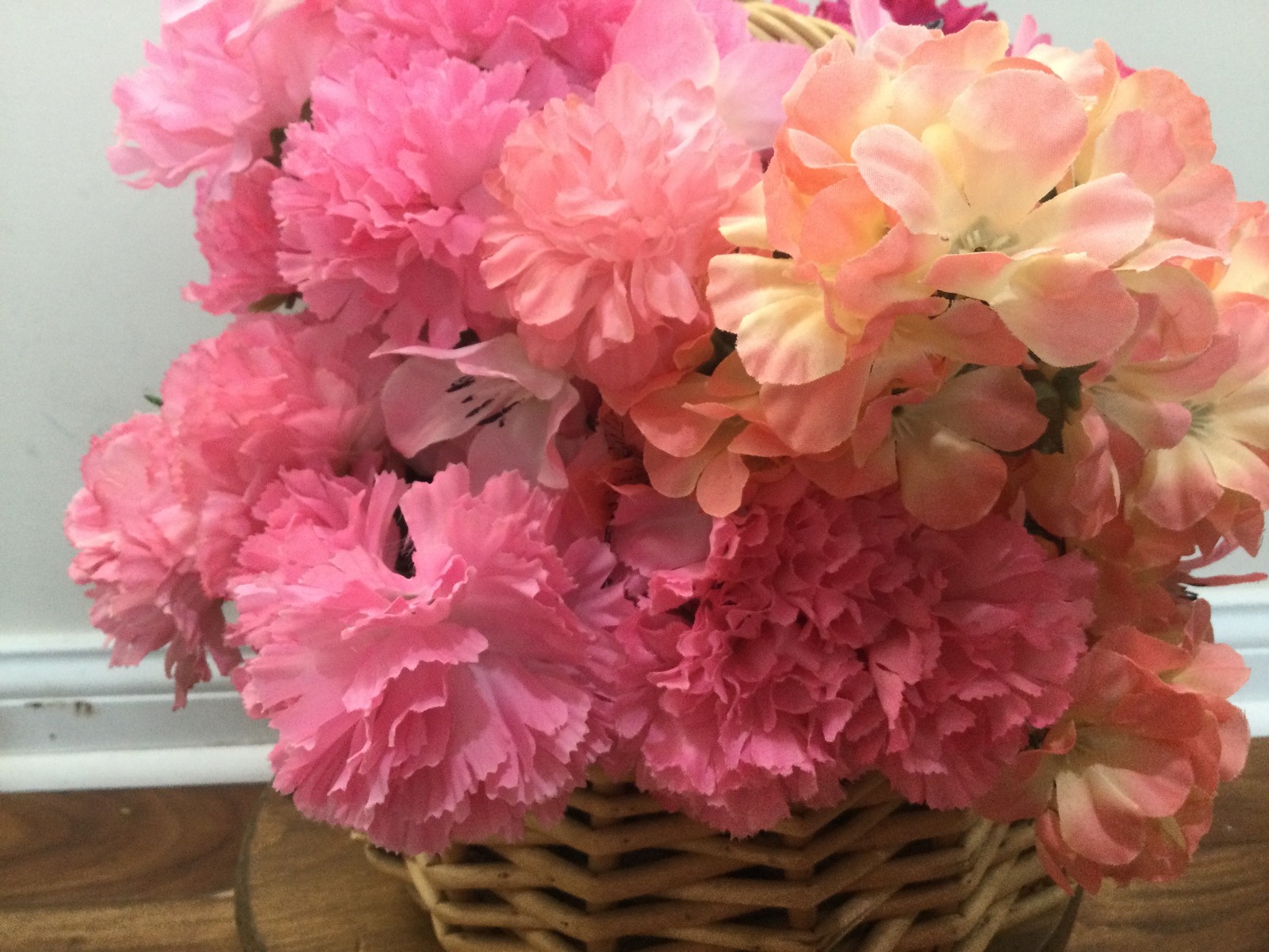 Garden Pink Silk Floral Arrangement in a Woven Basket carnations roses daisy