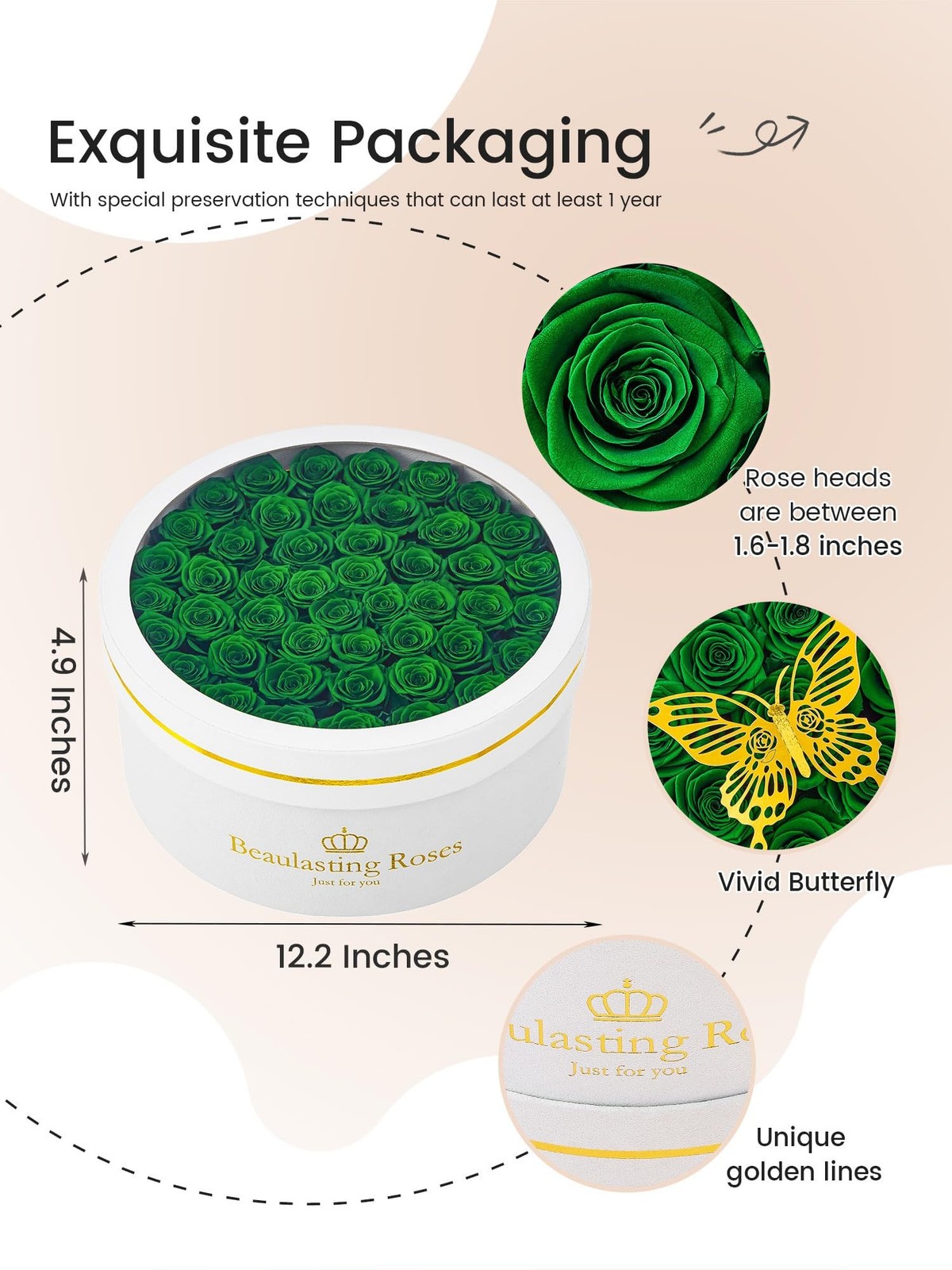 Beaulasting 47 Preserved Green Roses in a Box