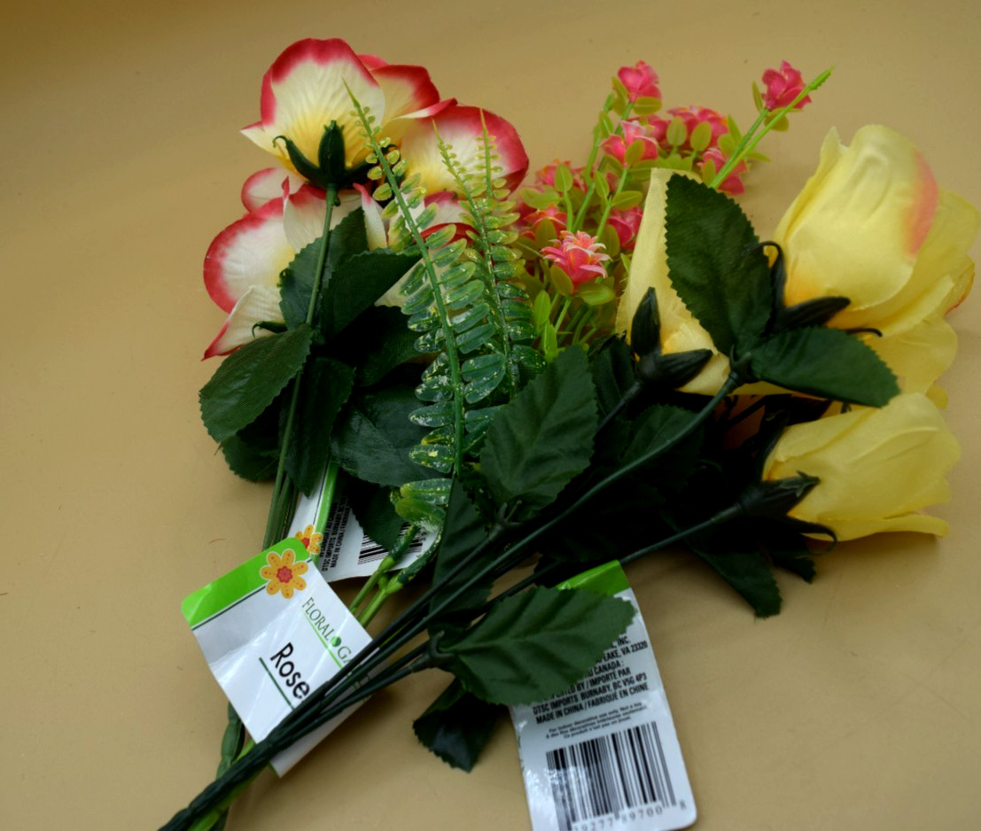 3 Artificial Faux Floral Tea Roses & Roses Stems For Crafts Floral Decor