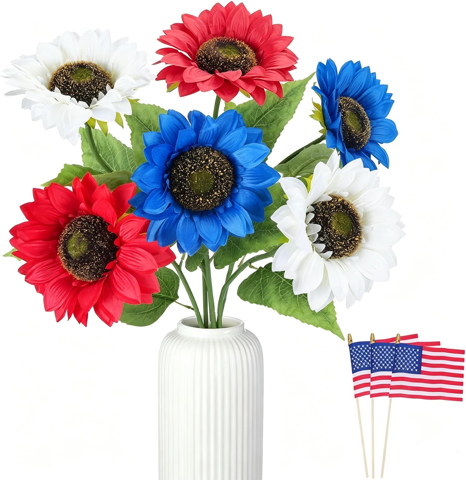 6PCS Patriotic Sunflower Bouquet – Red White and Blue Flowers with 3 American…