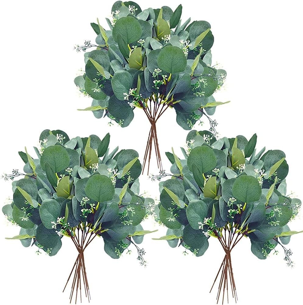 20 Pack Artificial Eucalyptus Leaves Stems w/White Seeds 11″ Tall Greenery Plant