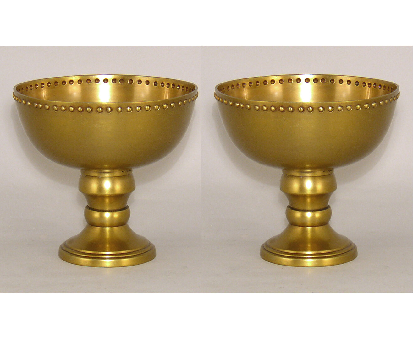 Compote Bowl Vase Gold Finish Aluminum Bead Border Pedestal 6″D 5.75″H Set/2