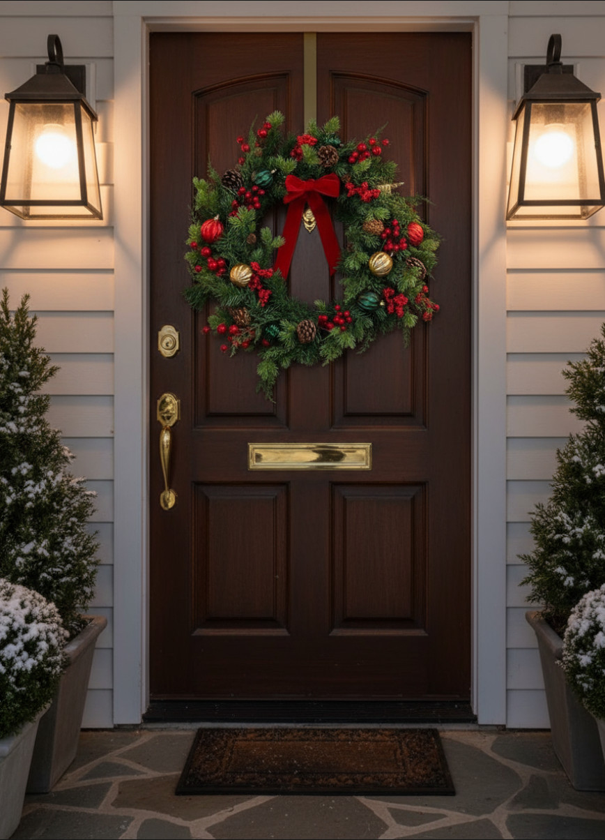 Handmade Christmas Wreath with Red Berries, Pinecones, Shatterproof Ornaments