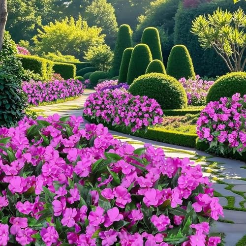 Artificial Impatiens Flowers 4 Stems Purple UV Resistant Plastic 13.5 in