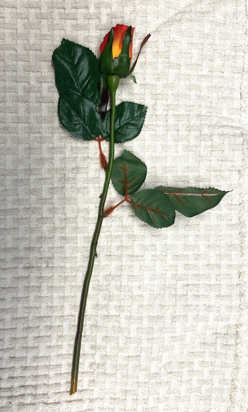 Orange Red Realistic Faux Single Rose Bud With Stem Silk Flower 18″ stem 2″ x1″