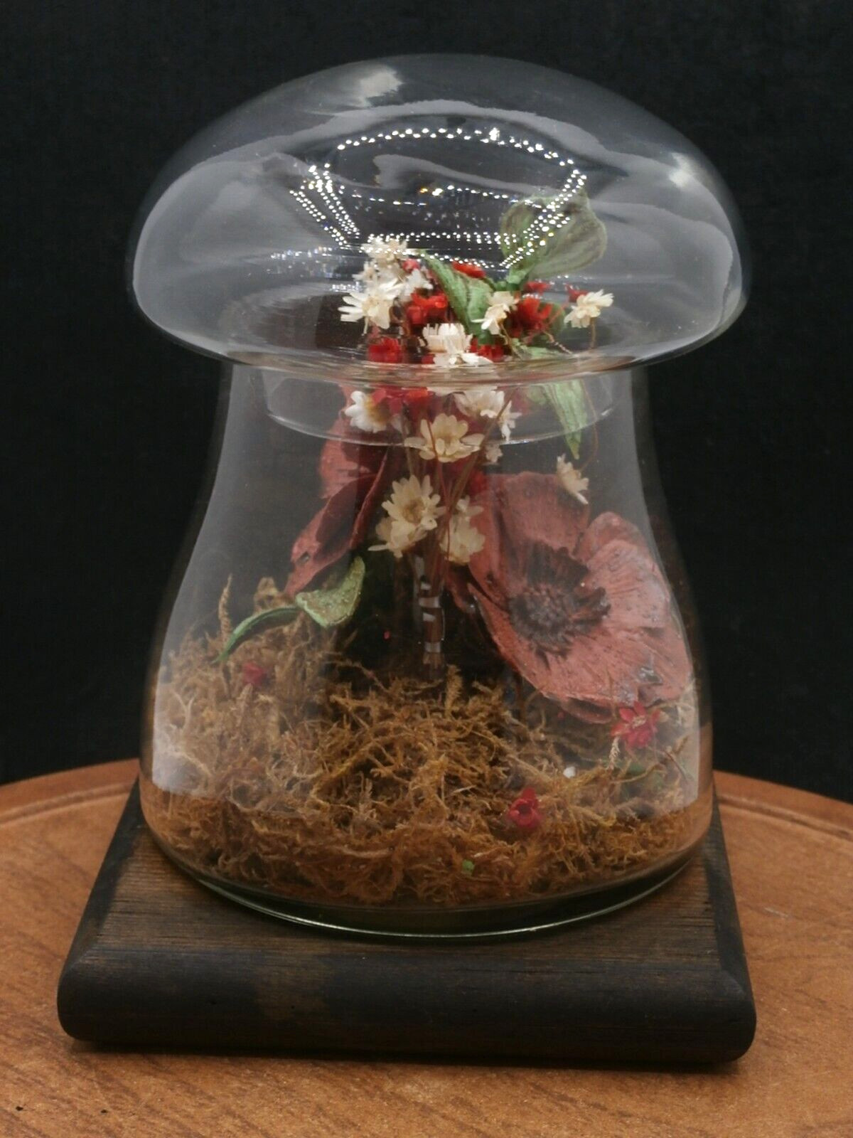 Vtg Mushroom-Shaped Glass Terrarium w/Dried Flowers Wood Stand Leonard Creations