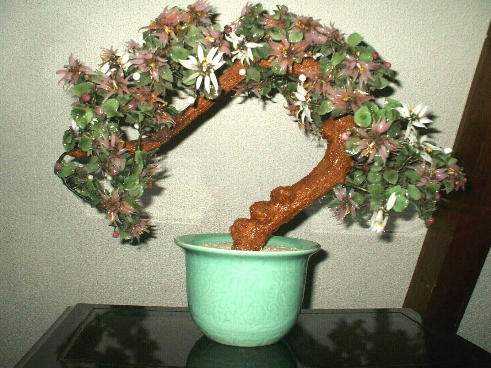 Vintage Flowering Cherry Blossom Bonsai Tree Jade Celadon Pot Handcrafted