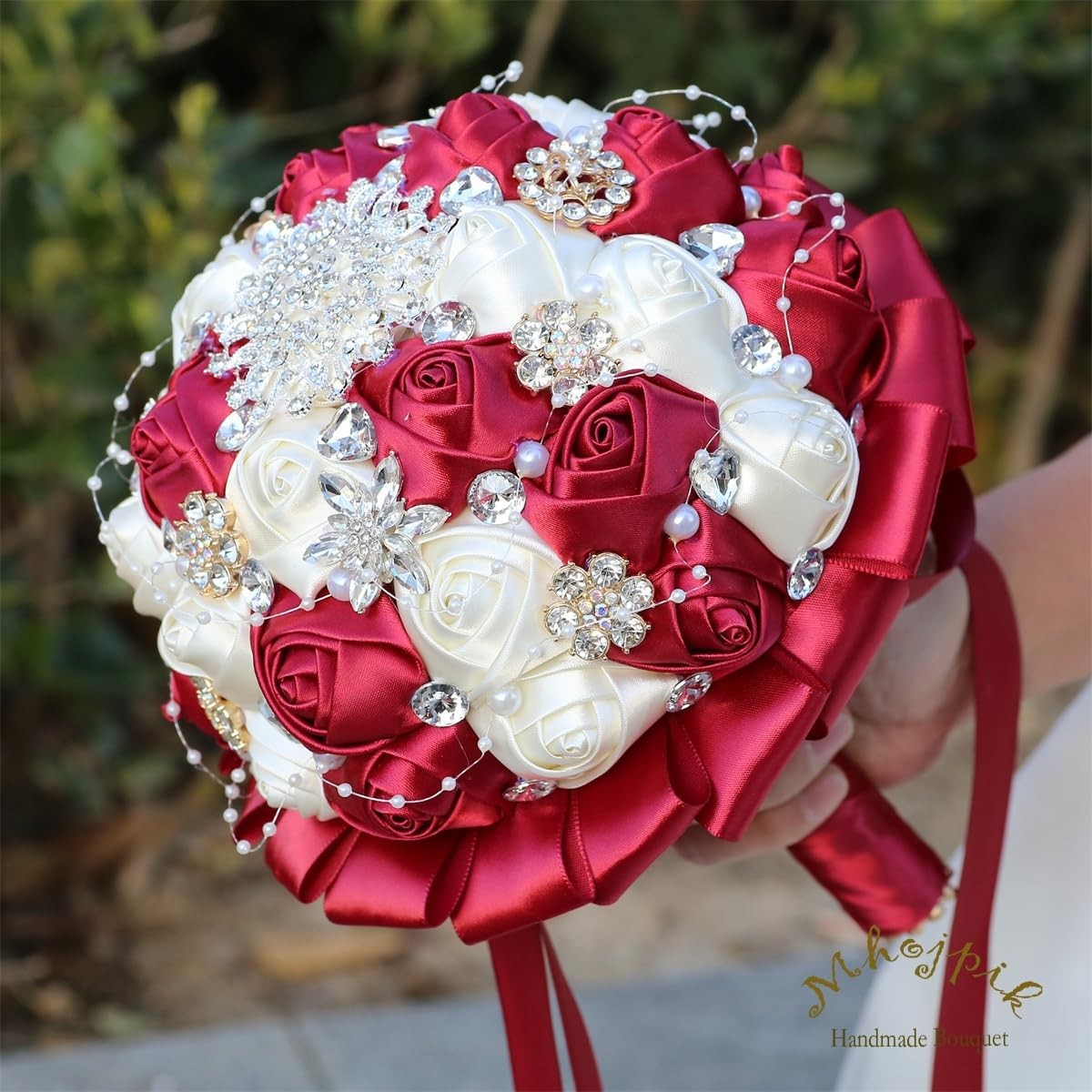 6.3 Inch Dark Red Ivory Bridal Wedding Bouquet Artificial Rose Toss Bunch