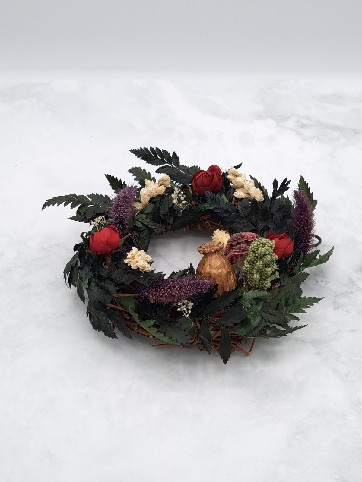 Handmade Leather Leaf Fern Grapevine Wreath Dried & Silk Flower Arrangement
