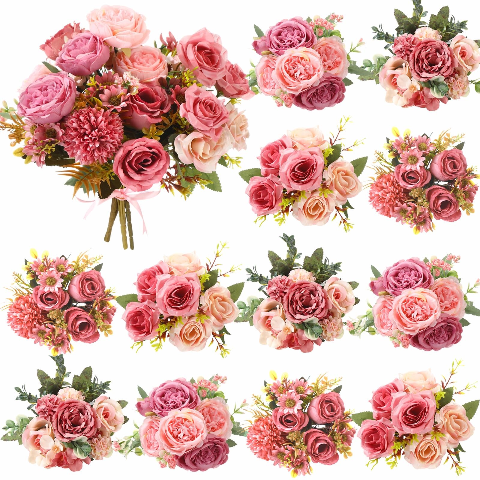 12 Bundles Dusty Pink Artificial Flowers Peonies Silk Dahlia Faux Rose Fake C…