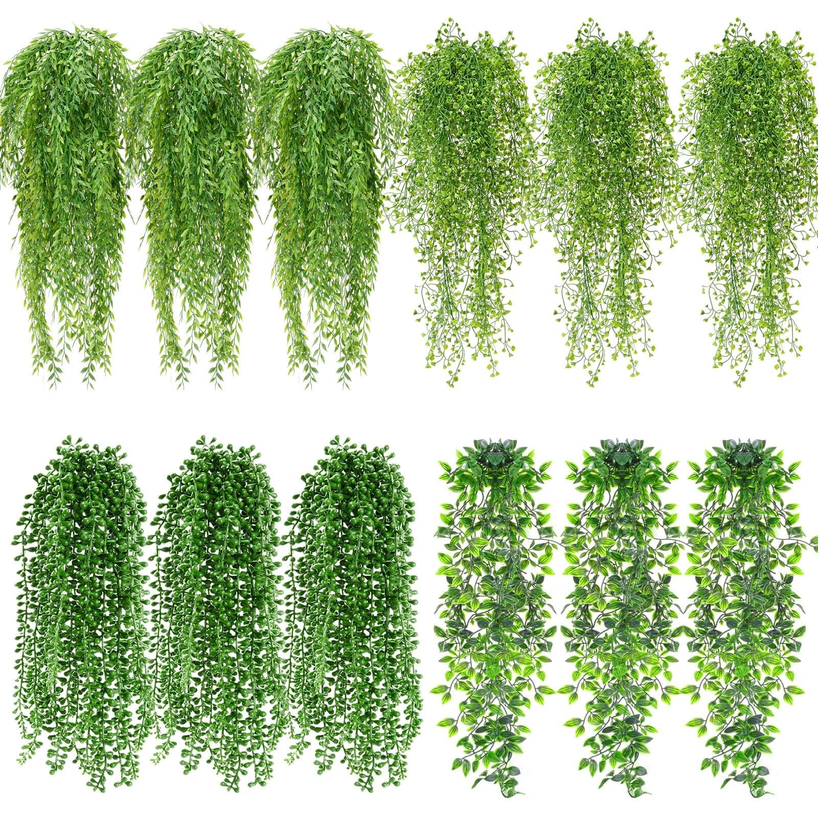 12 Pcs Artificial Hanging Plants – Fake Ferns & Succulents for Indoor Outdoor De