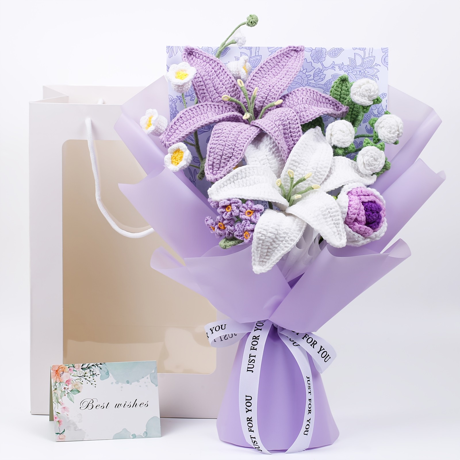 Crochet Knitted Flower Bouquet Handmade Faux Gift Mom Card Birthday Anniversary