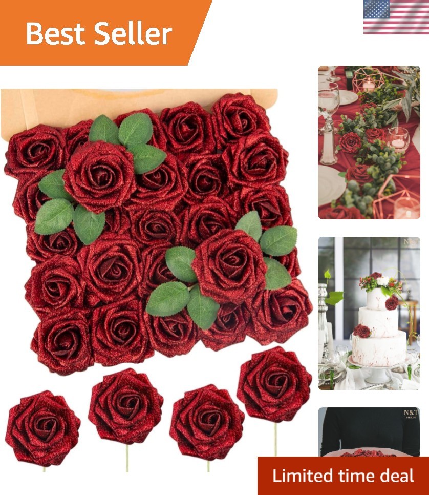 Realistic Glitter Foam Roses – 25pcs for Weddings, Bridal Showers & Home Decor