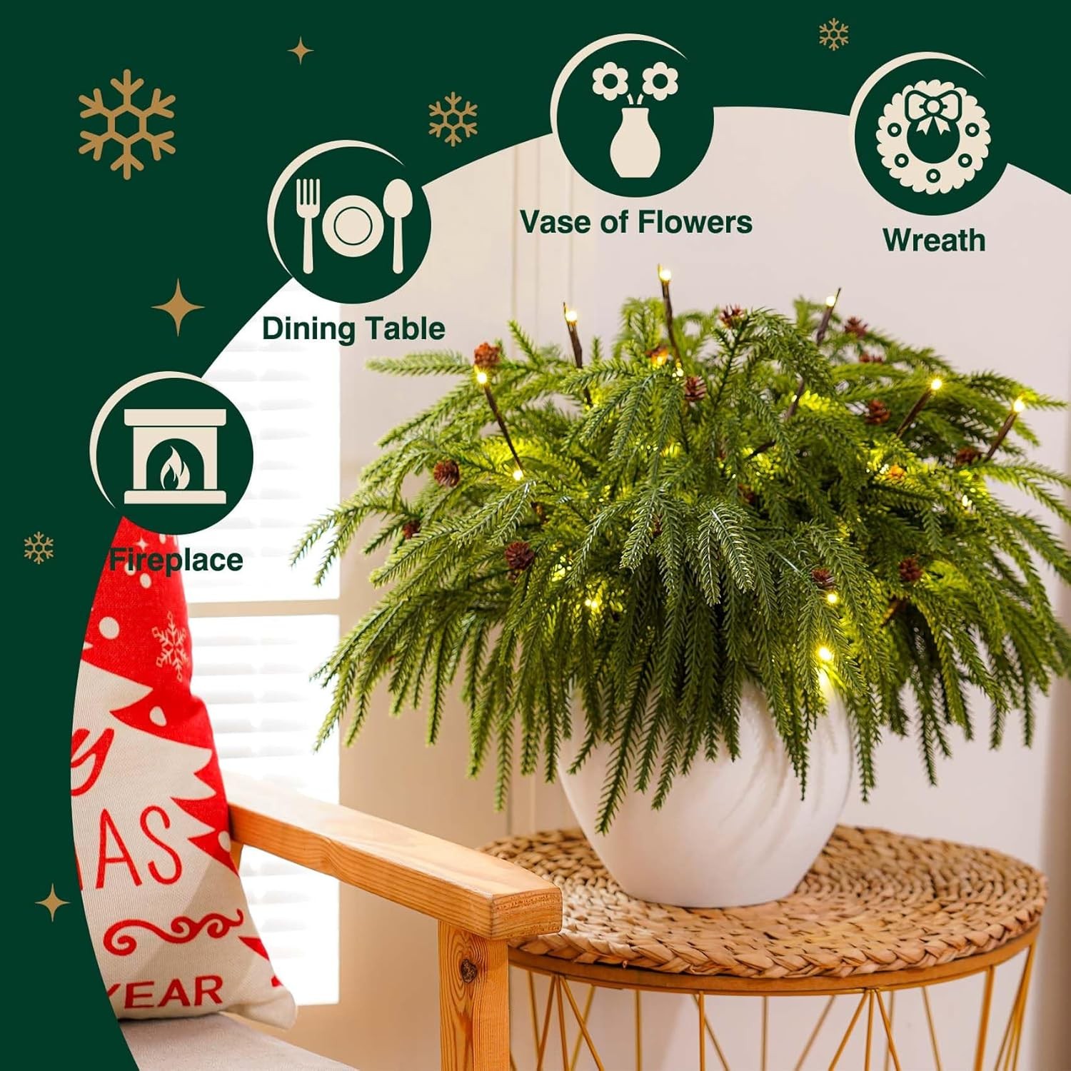 12 Pcs Christmas Norfolk Pine Branches with Branch Lights – 18″ Norfolk Pine Art