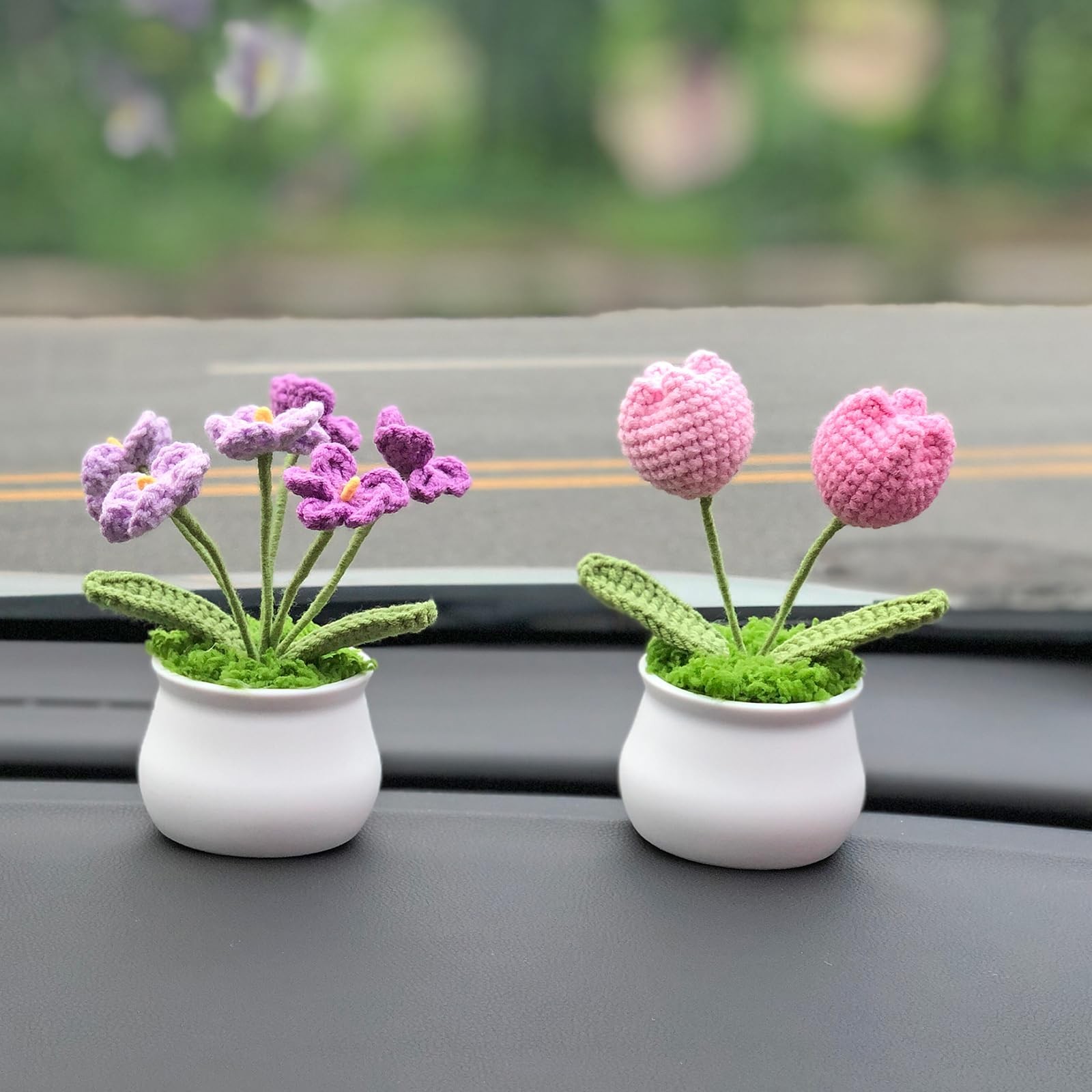 Crochet Flowers, Potted Pink Gradient Tulips, Car Dashboard, Home Office Decor