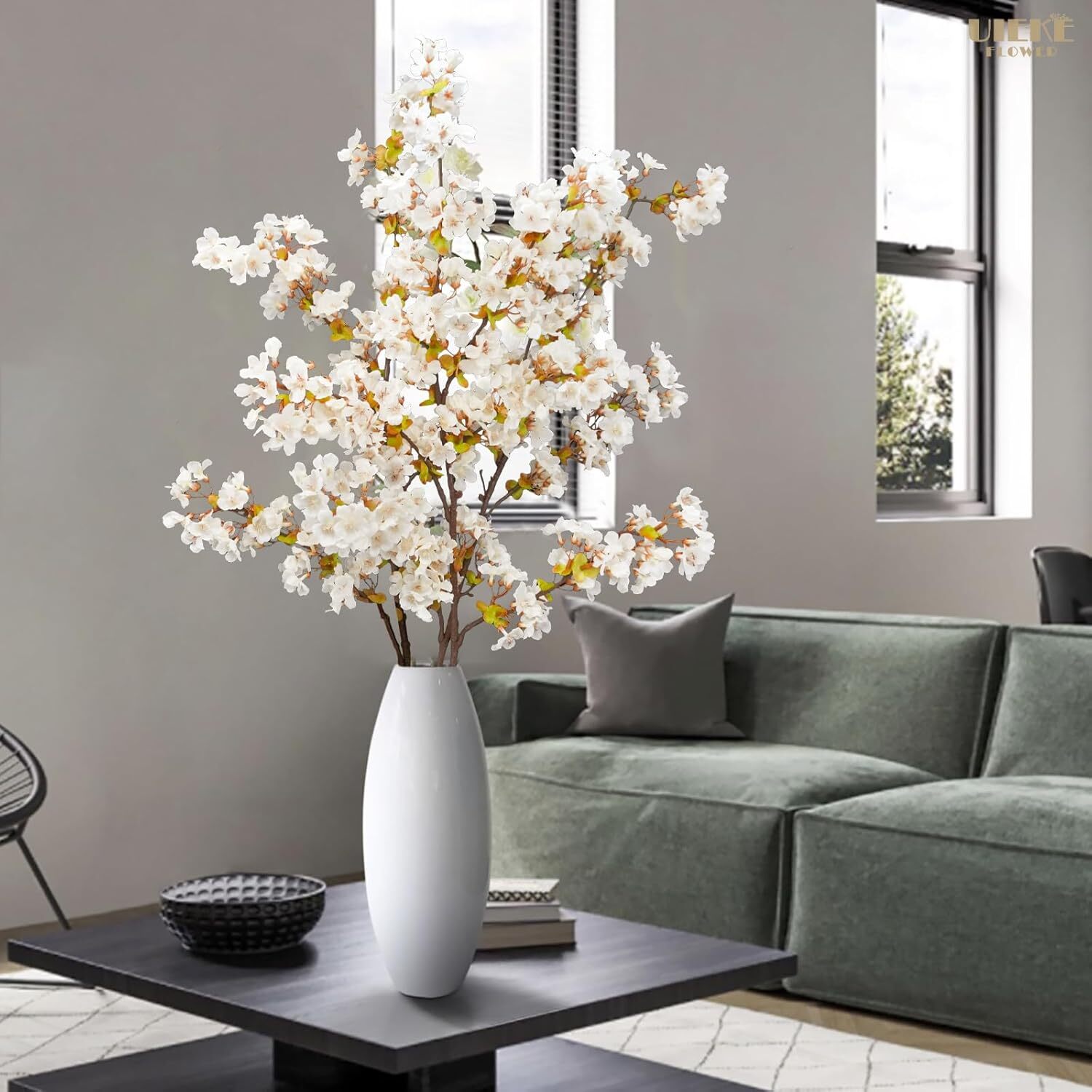 Uieke Silk White Cherry Blossom Branches, 39.3in Artificial Cherry Blossom Stems