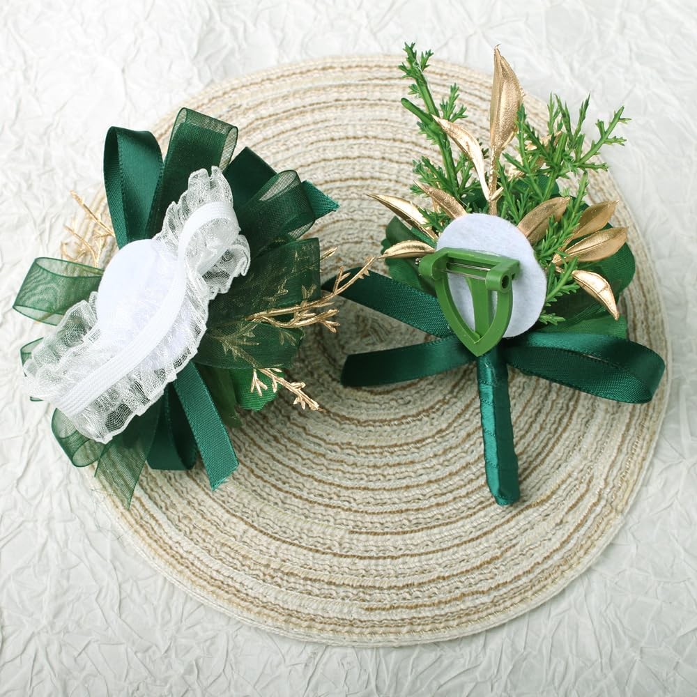 Green Rose Wrist Corsage Wristlet and Boutonniere Set for Prom Decoration 2 PCS