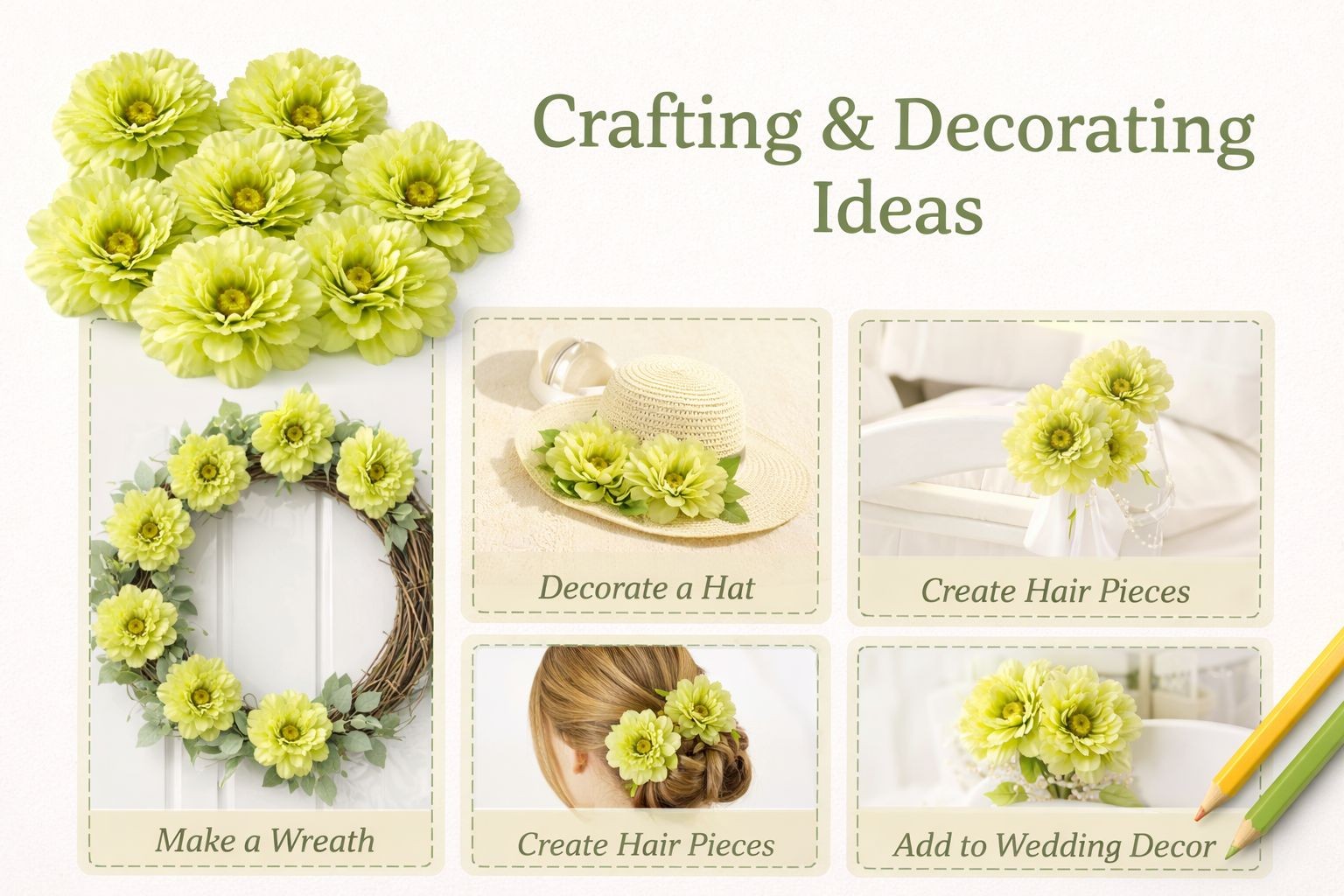 Green Peony Flowers Set of 8 Faux Blooms 5 Inch Floral Heads Wired Craft Wreath