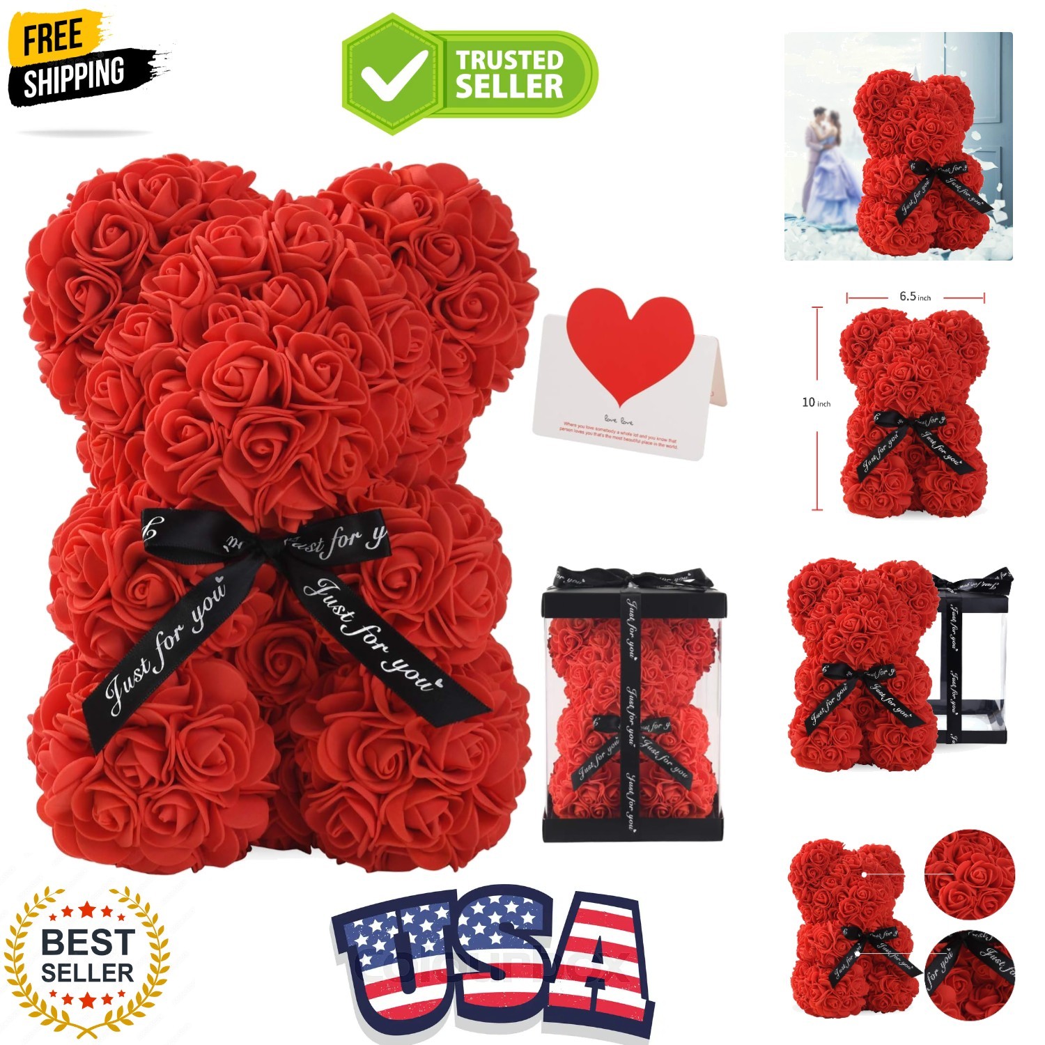 LINKLO Rose Bear Rose Teddy Bear -10 inch Artificial Rose Flower Bear, Gift f…