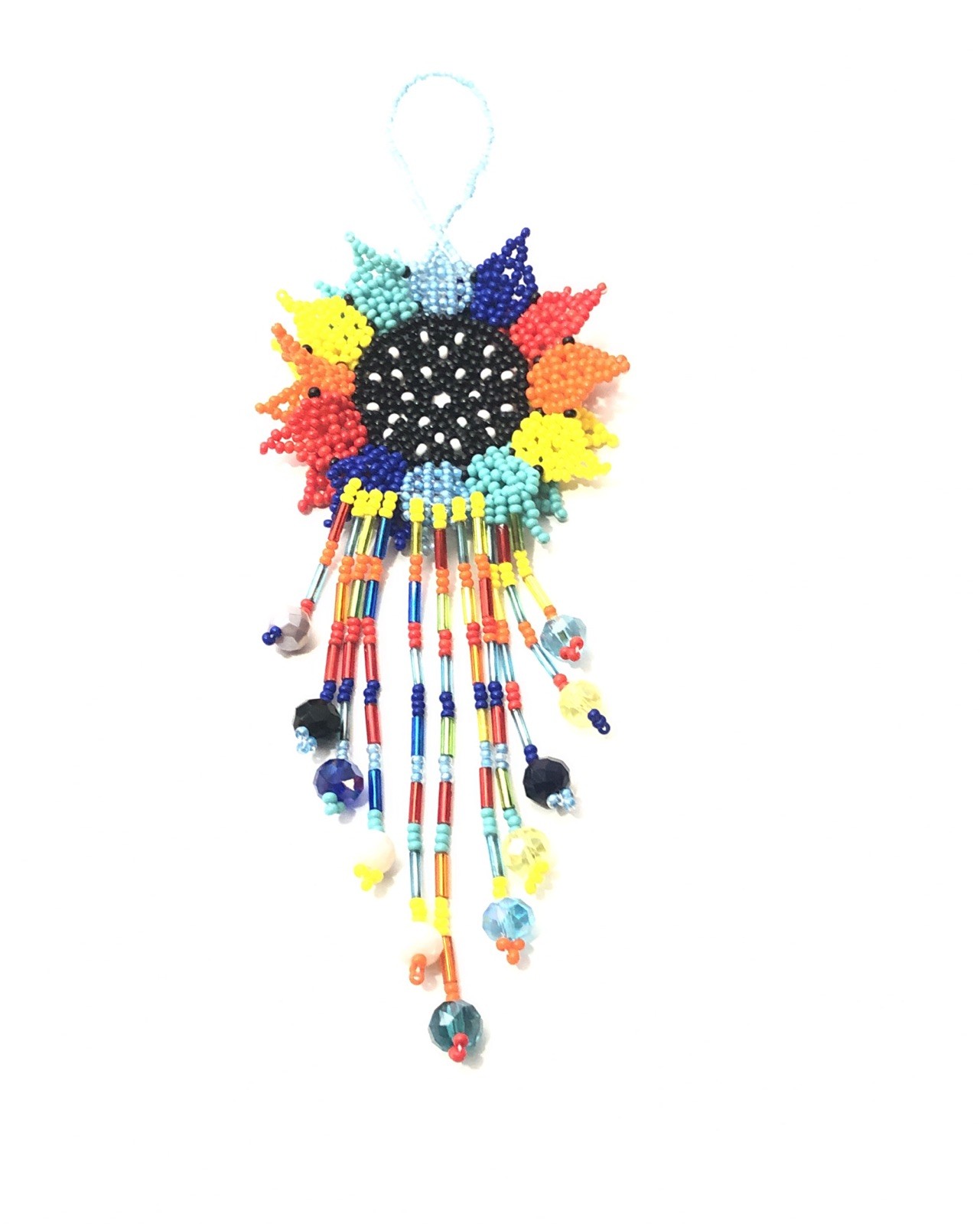 Hand Made Beaded Colorful Mexican Sunflower 5” Seed Bead Dangle Charm Ornament.