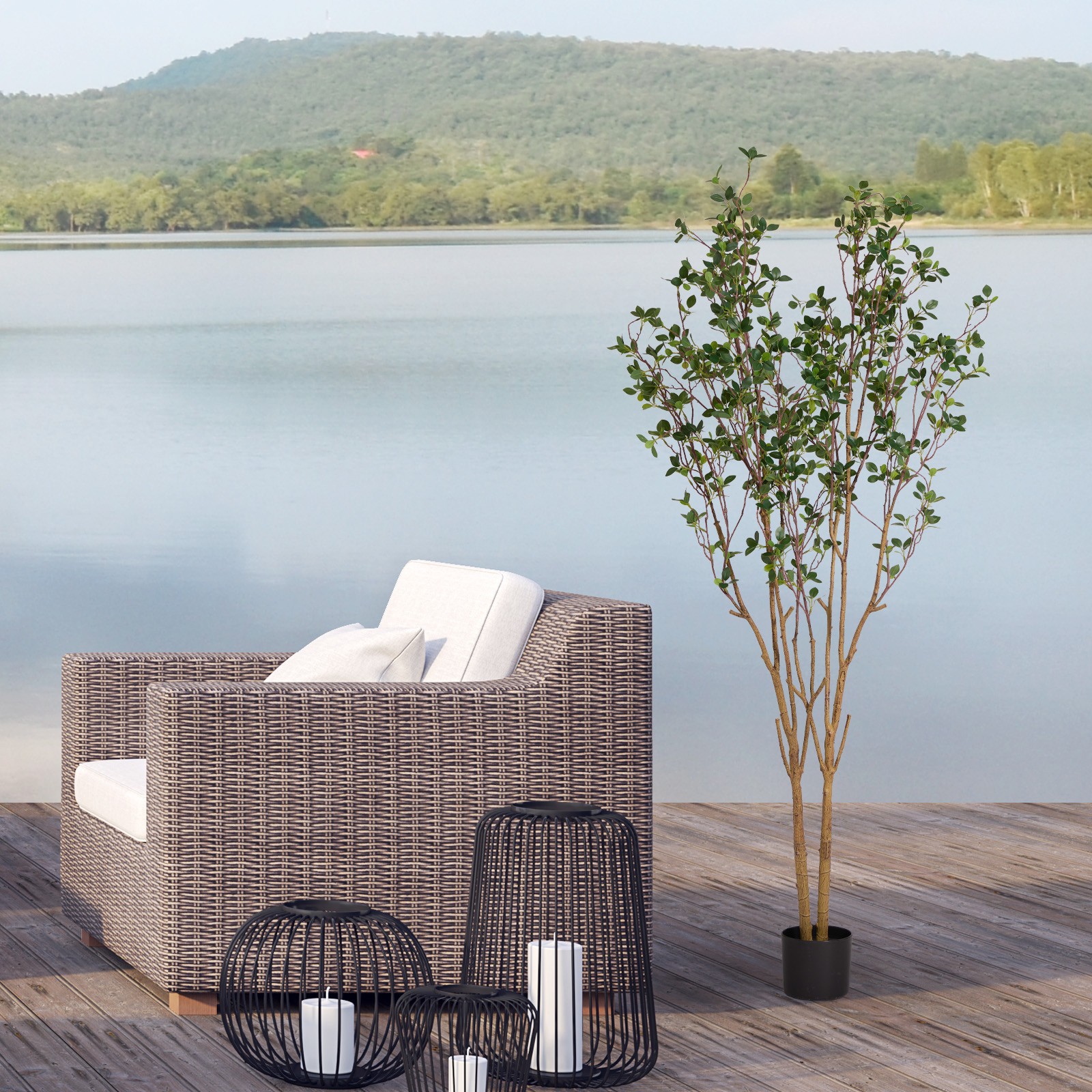 5.2ft Tall Enkianthus Artificial Tree Plant Double-Pole Natural Look Leaves Pot