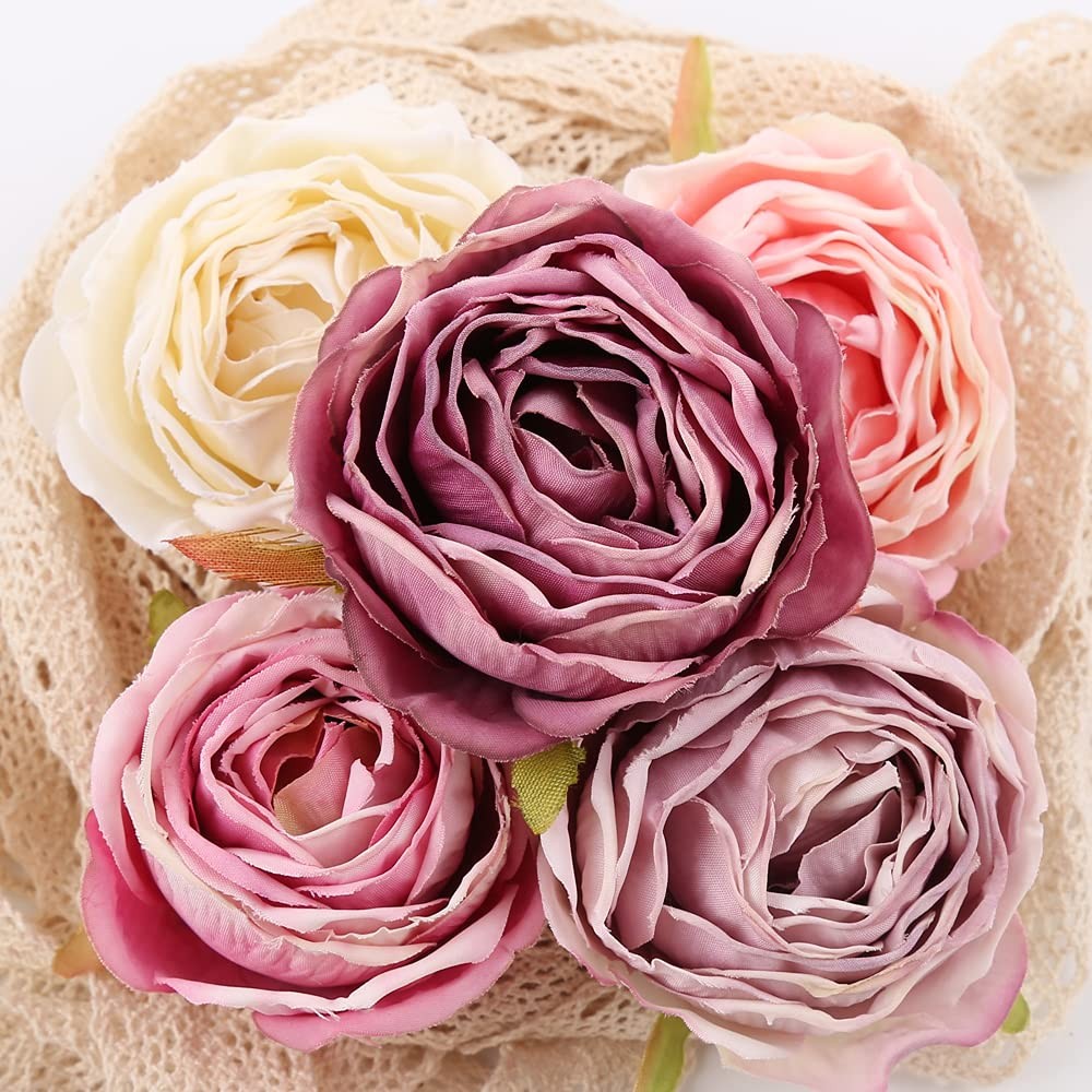 IPOPU Roses Heads Dried Silk Flowers 25PCS Fake Roses Heads for Floral