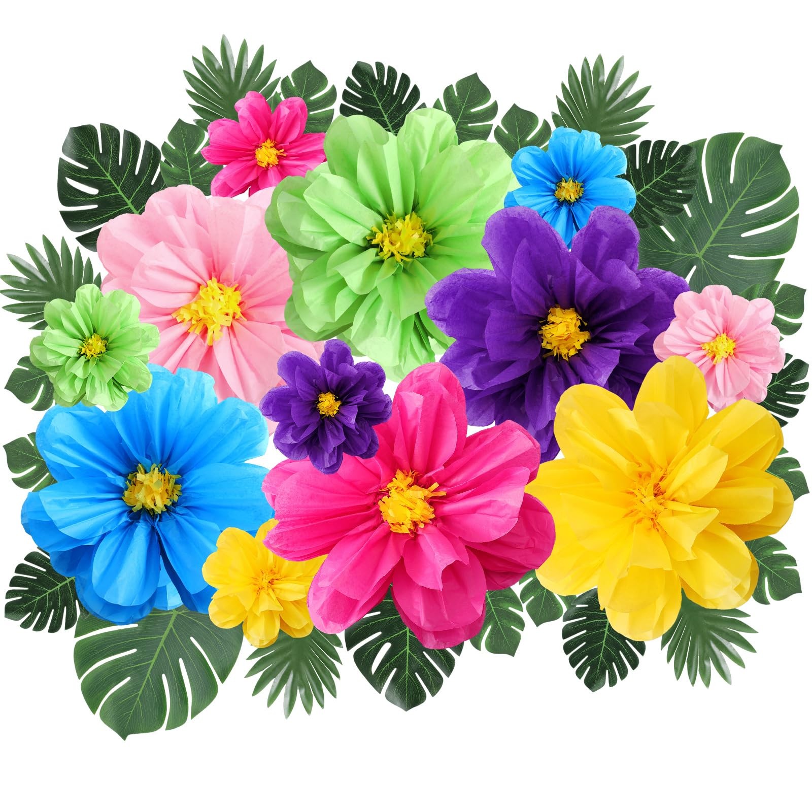 Tissue Paper Flowers Faux Palm Leaves 20/10 Inch Hawaiian Party 42 PCS