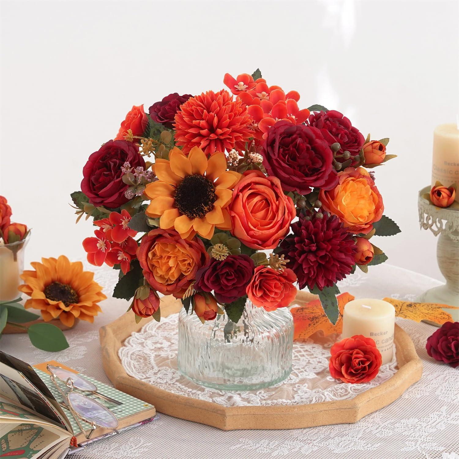 4 Pcs Mixed Autumn Artificial Peony Flower Set-2 Bouquets & 2 Stems, Burnt Orang
