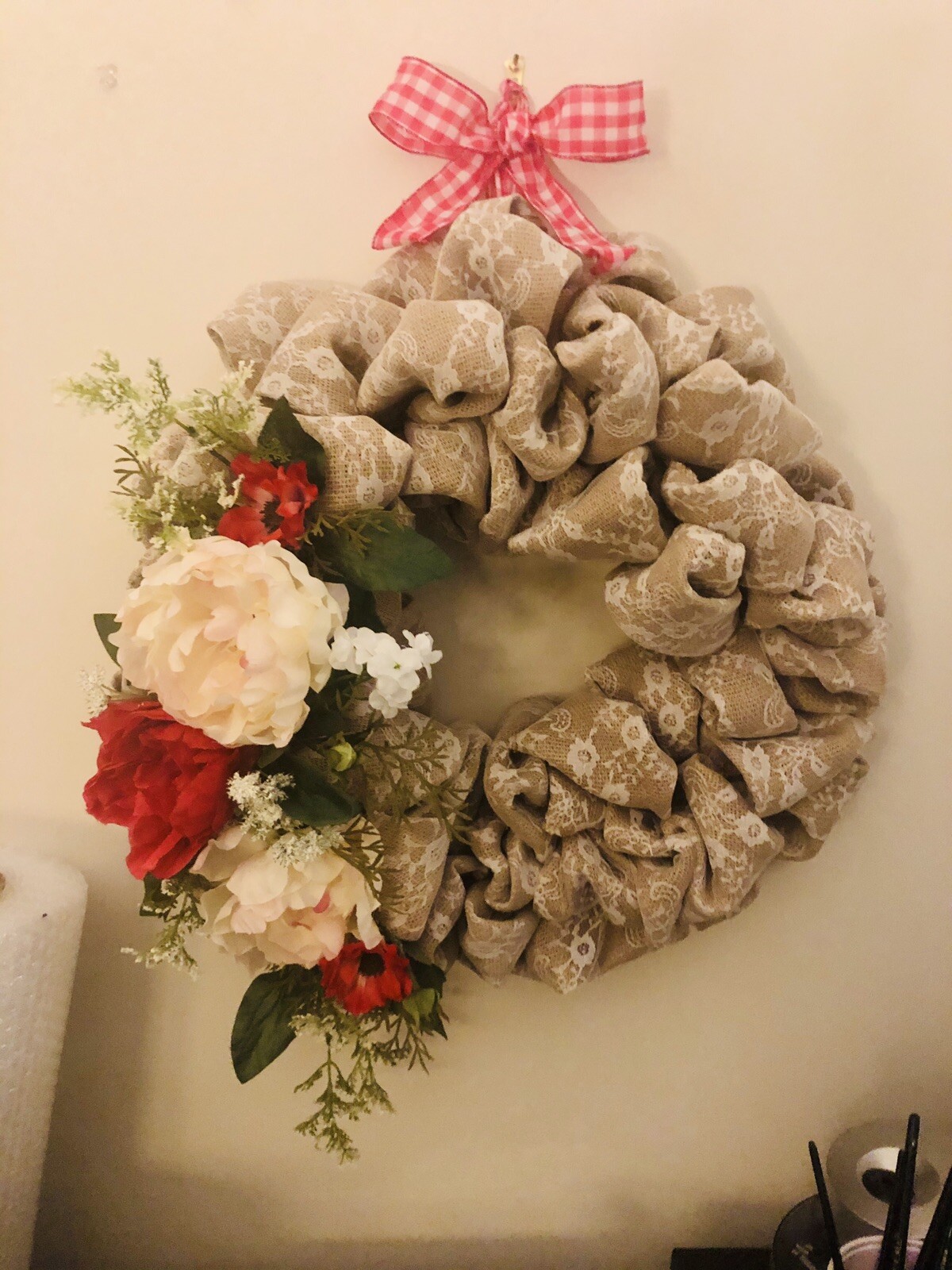 18” Front Door Wreath, Burlap And Flower – New Handmade