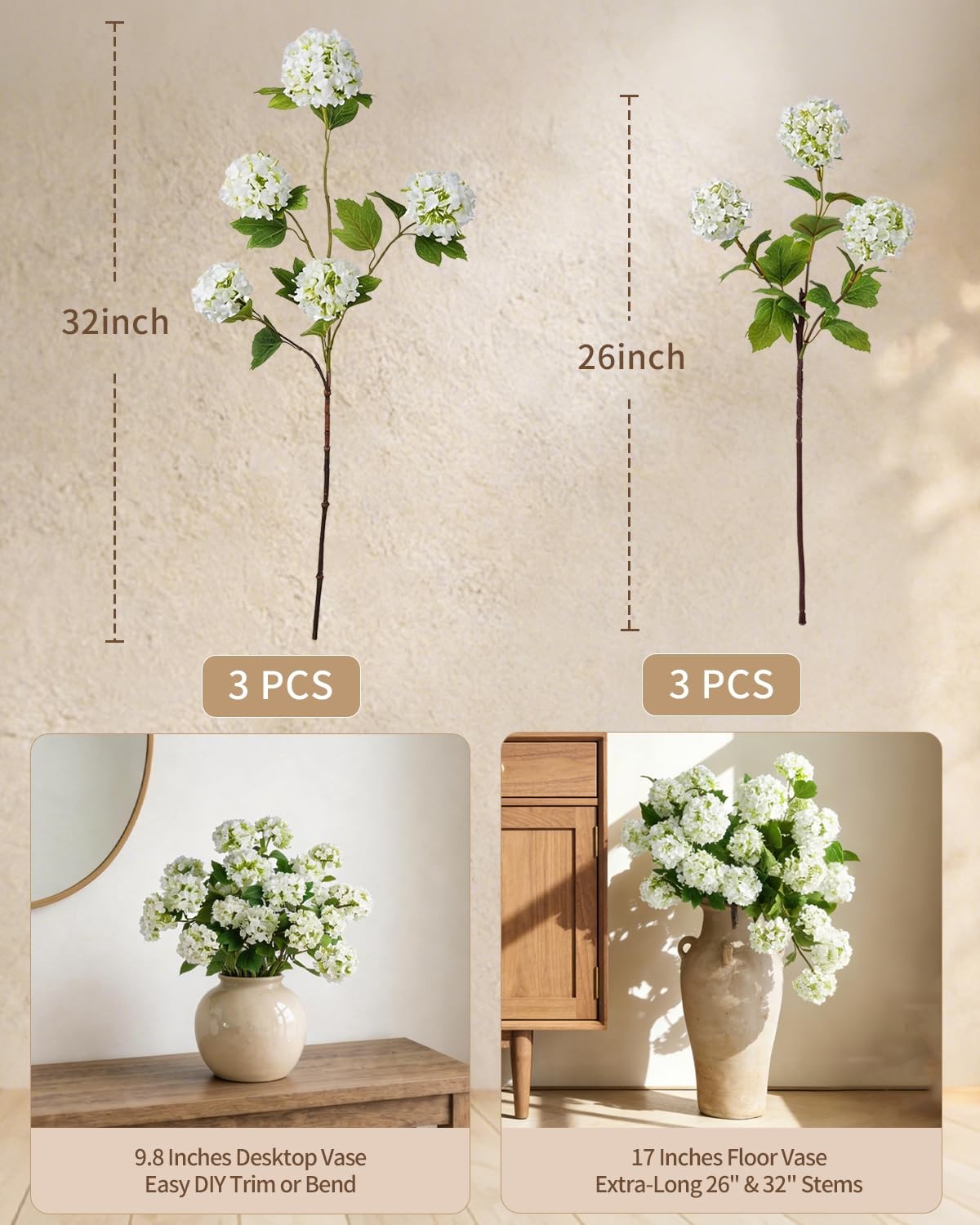 6 Pcs Hydrangea Artificial Flowers – 32″ & 26″ Faux Long Stem with 24 Realist…