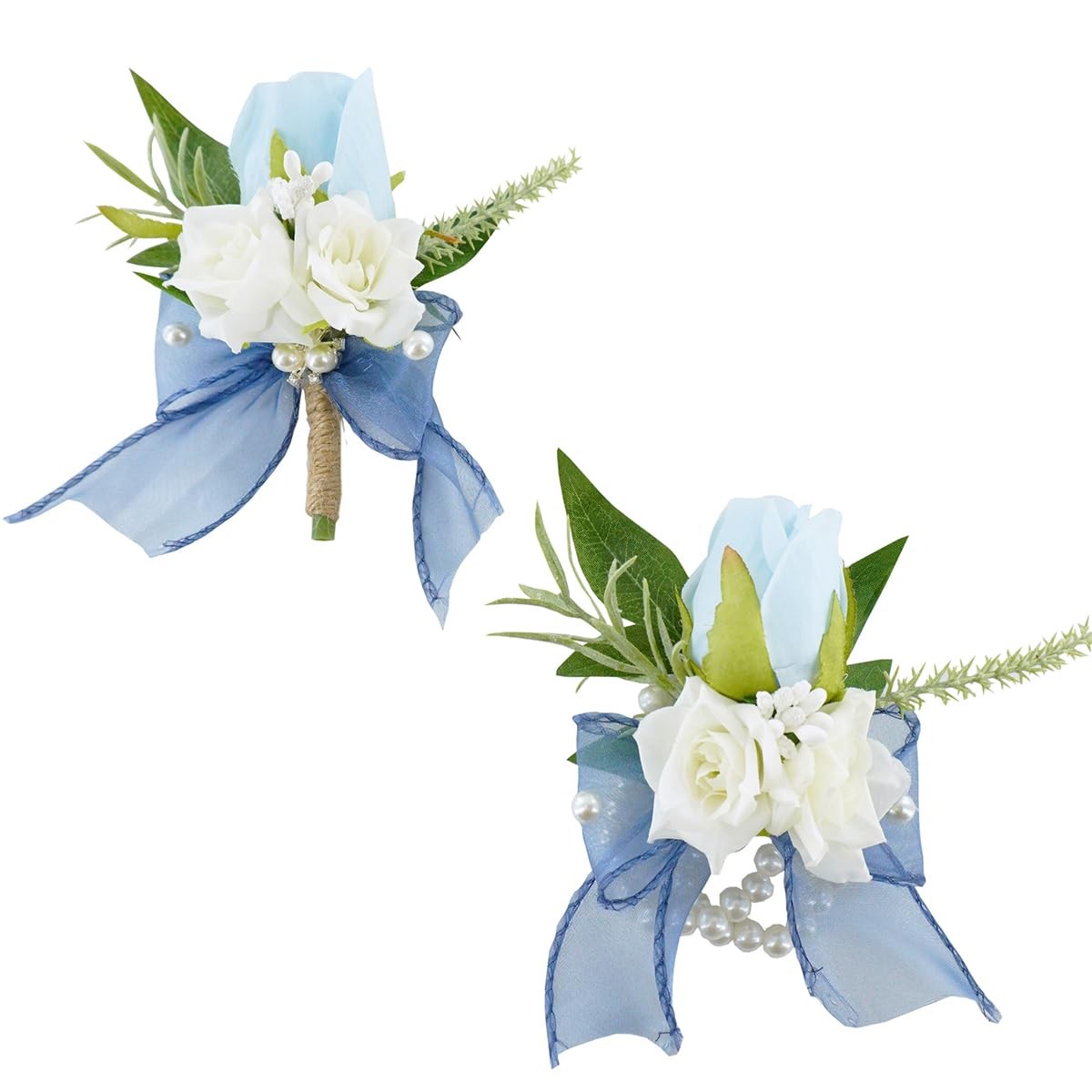 Light Blue Corsage Boutonniere Set Wedding Prom Artificial Rose Men Suit