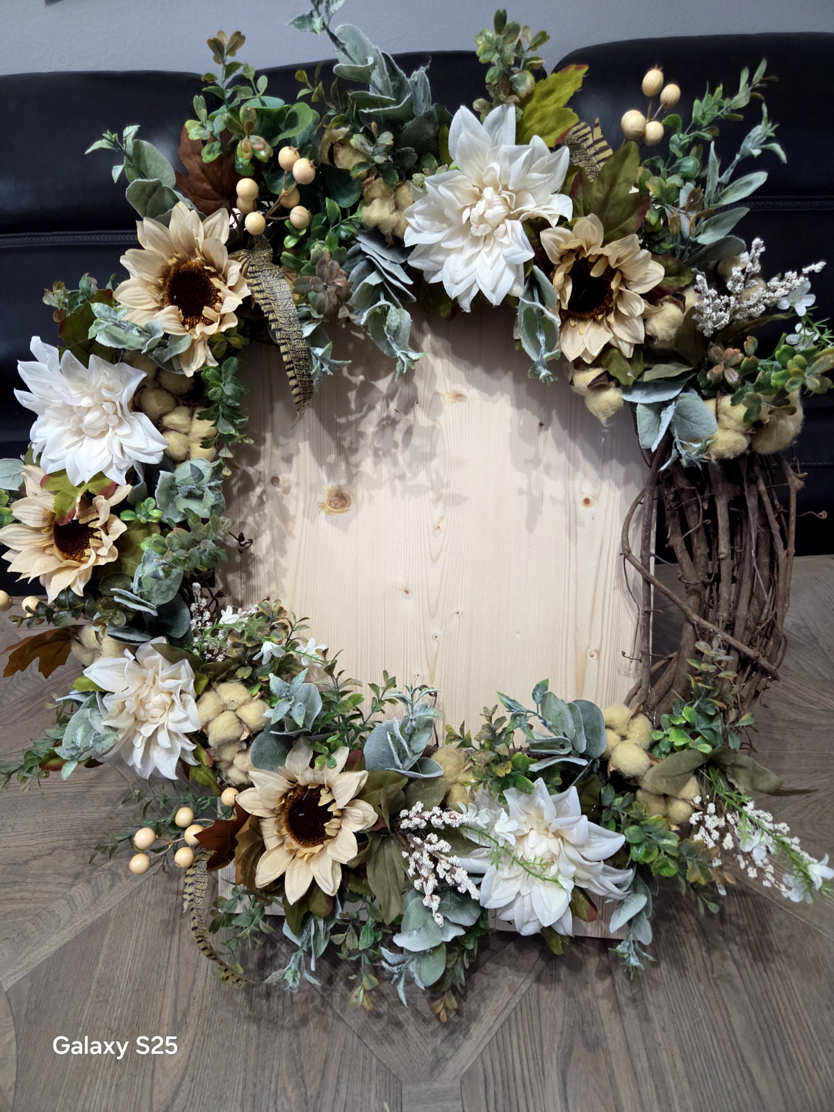 Organic Mixed Silk Flowers Wreath with Tea-Stained Cotton Bolls