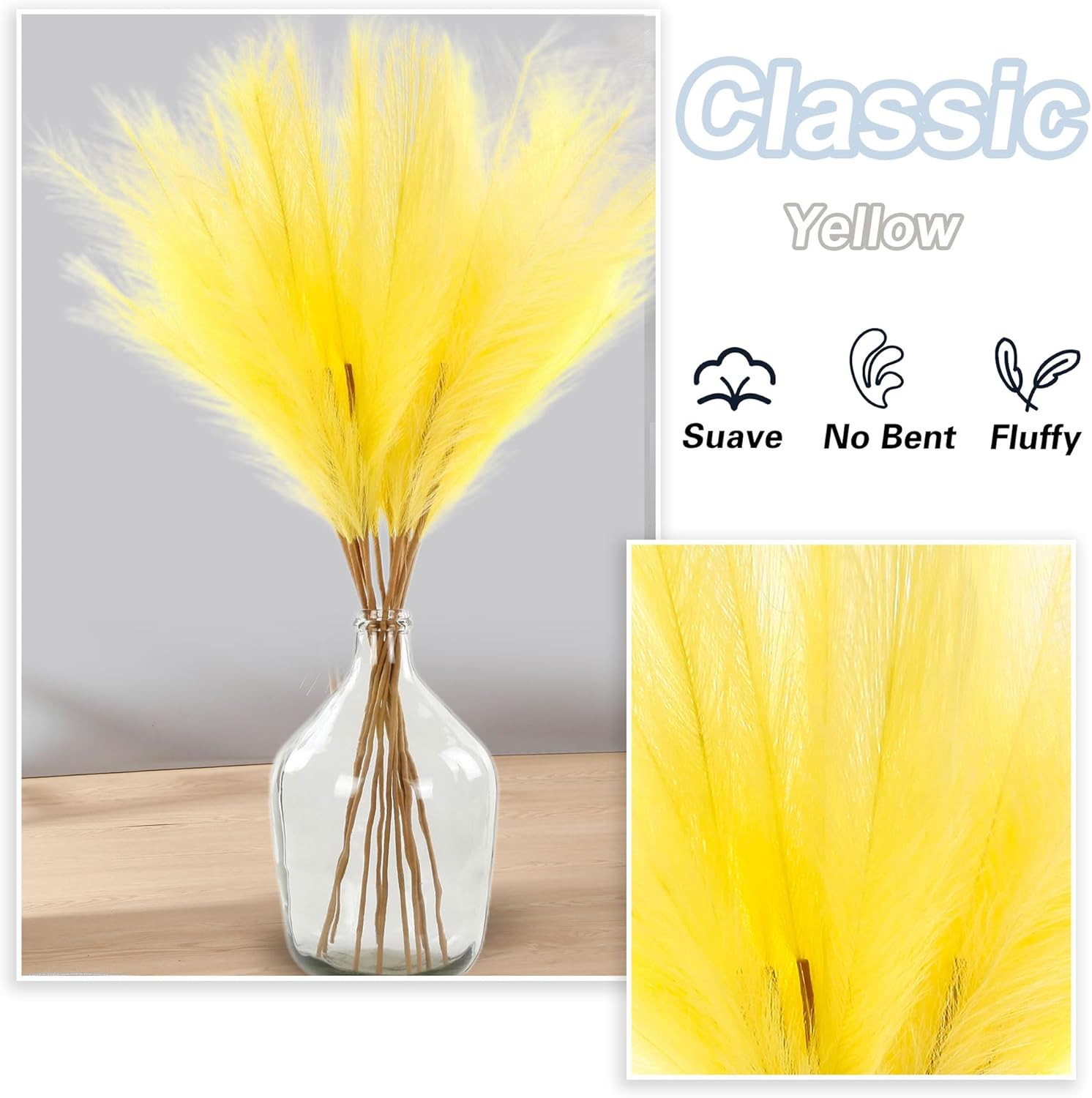 12 PCS Light Yellow Faux Pampas Grass 38″/3.1Ft Tall Artificial Pompous Grass La