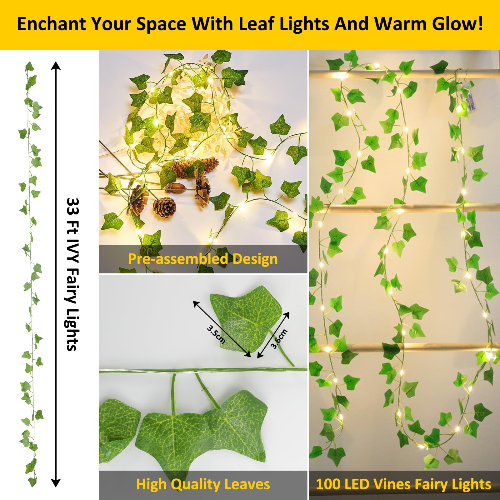 33Ft 100 LED Warm White Ivy Leaf Vine Fairy String Lights Battery Remote