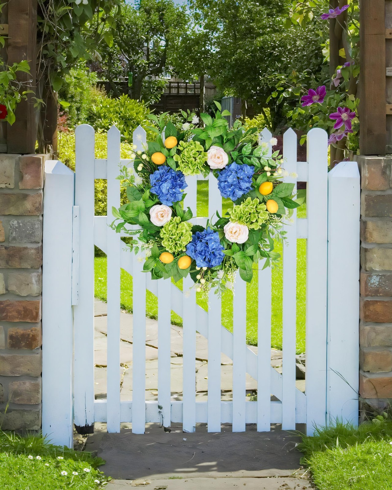 23″ Summer Floral Wreath with Hydrangea & Lemon, UV Resistant for Front Door Dec